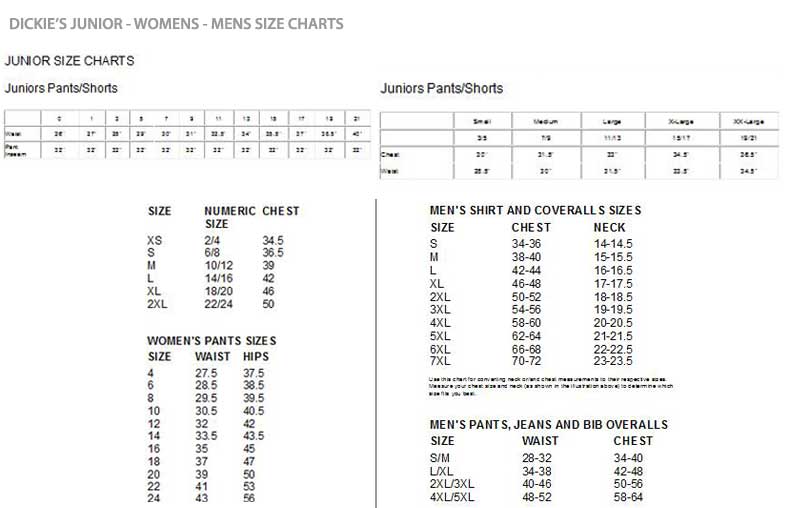 Junior size and womans size chart!